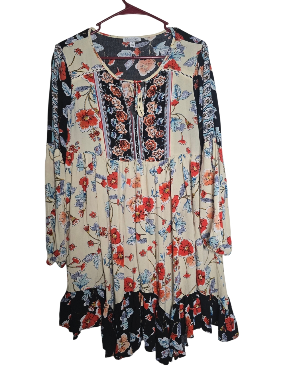 SOLD Patrons of Peace Floral Long-Sleeve Boho Dress in Cream, Red & Blue